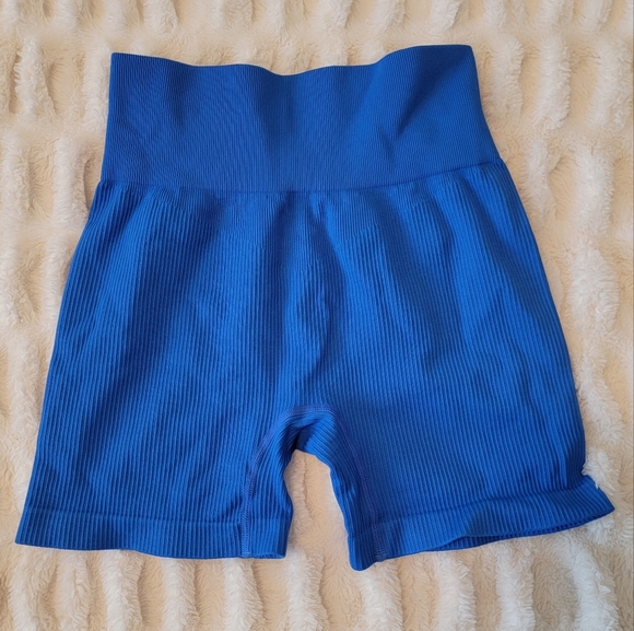OQQ Pants - OQQ Blue Ribbed High-Waisted Shorts